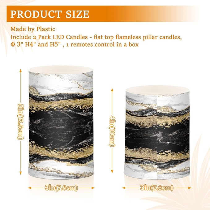 Flickering Flameless Candles, Black White Marble Gold Veins LED Candles with Remote Timer, Set of 2 Battery Operated Candle for Valentine Wedding Birthday-VerdiqueGarden