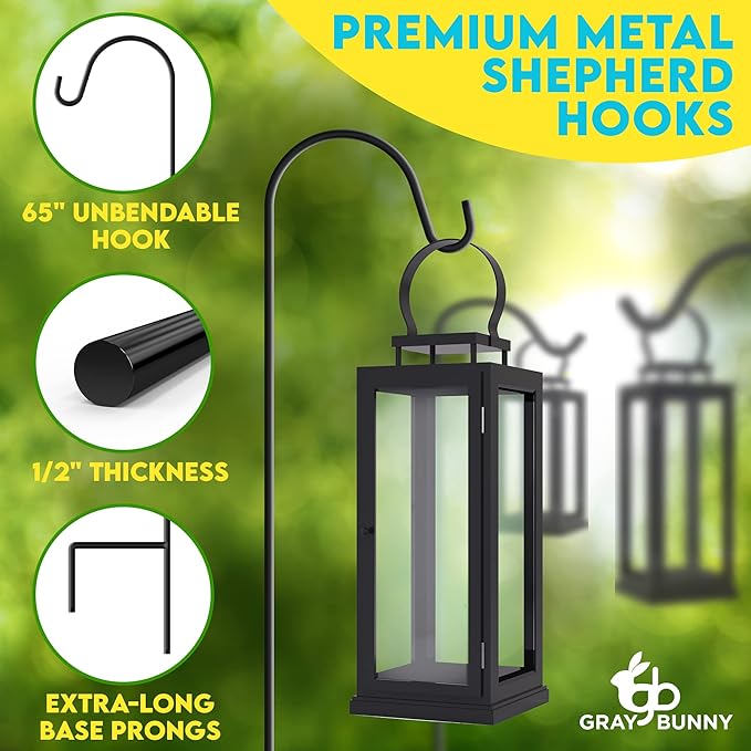 Gray Bunny 65" Shepherds Hooks for Outdoor 1 Pack, Thick Bird Feeder Pole, Hanging Plant Stand, Shepherds Hook for Bird Feeder, Non-Hollow, Non-Adjustable, Extra Long Base Prongs-VerdiqueGarden