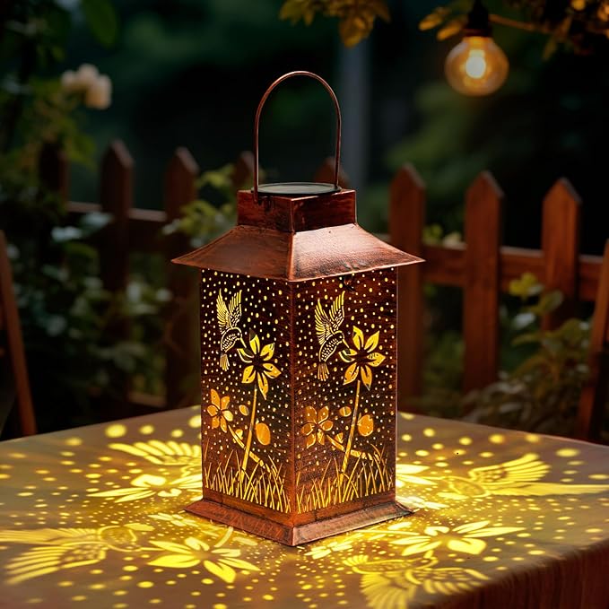 Homemory Hummingbird Solar Lanterns Waterproof, Metal Hanging Hollowed-Out Metal Decor Lantern, LED Outdoor Decoration for Outside LED Lanternse for Yard, Backyard, Porch, Lawn-VerdiqueGarden