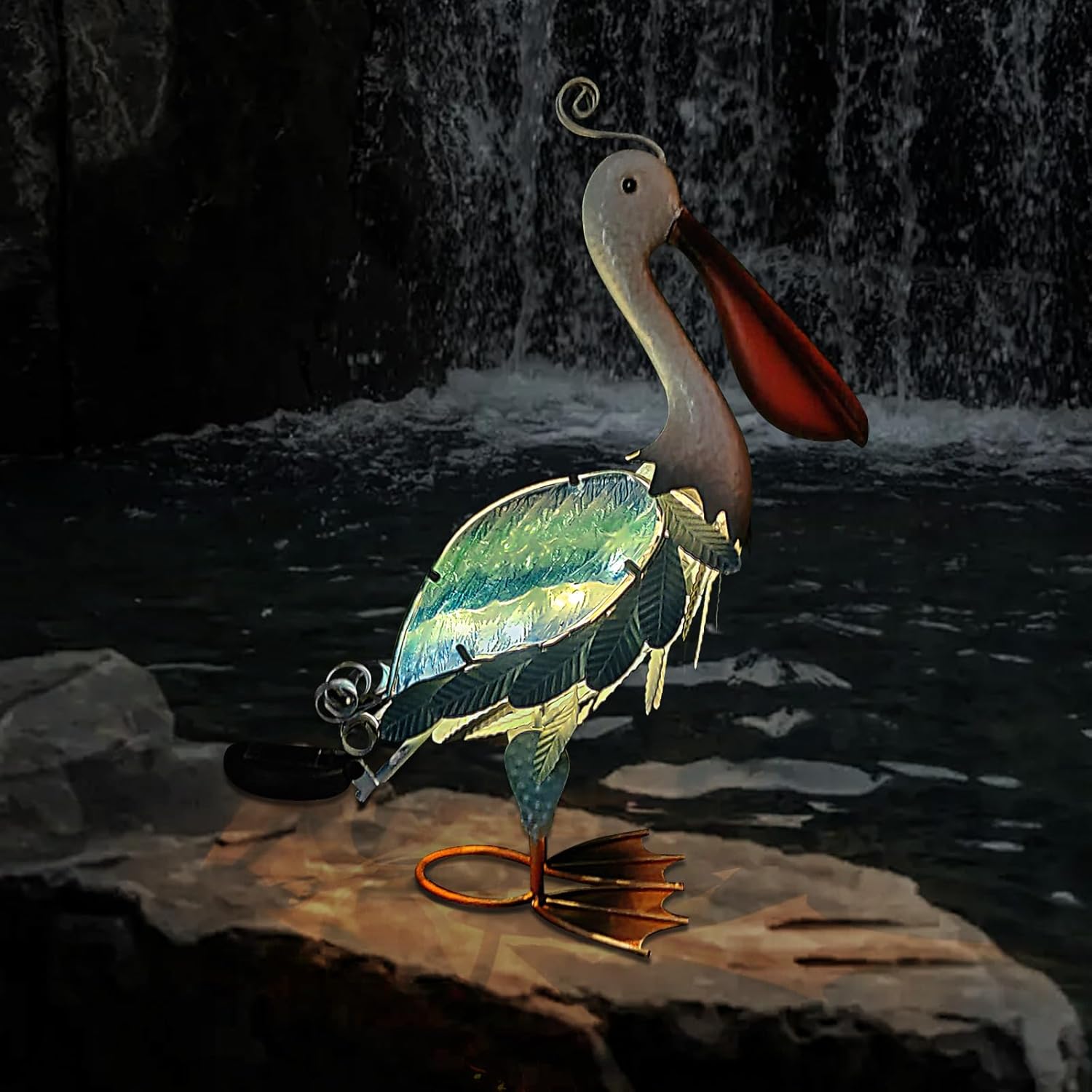 HONGLAND Solar Metal Pelican Statues Garden Sculpture & Statues, 19 Inch Glass Outdoor Pelican Yard Art Coastal Ocean Bird Decor Lawn Ornament for Backyard Porch Patio Decor（Blue）-VerdiqueGarden