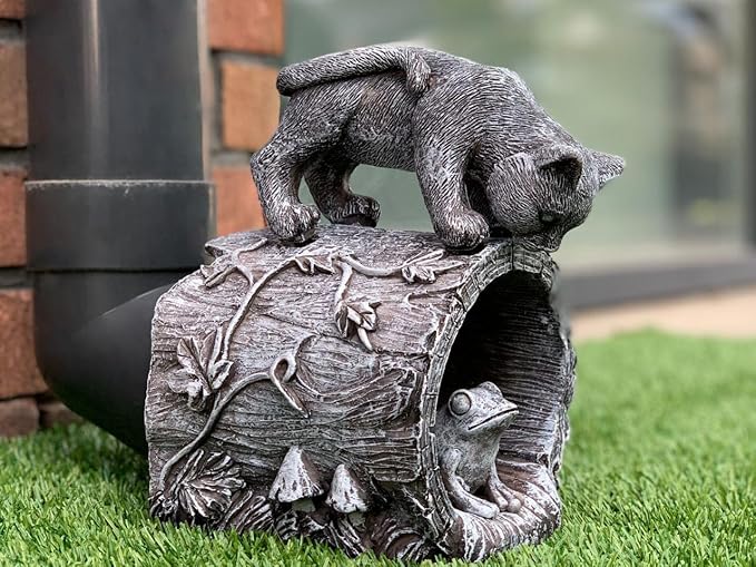 Gutter Downspout Extension - Downspout Splash Block - Downspout Diverter Garden Statue (Playful Chasing Kitty and Frog)-VerdiqueGarden
