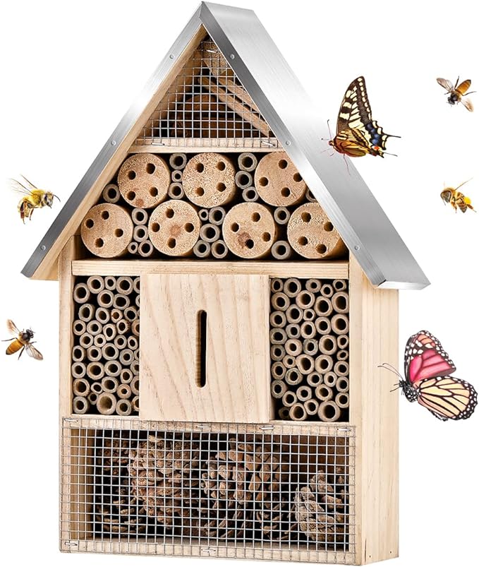 Wooden Mason Insect Bee Butterfly House,Insect Hotel,an Outdoor Hanging Bamboo Habitat for Bee Butterfly Ladybugs Live,Bee Box,Butterfly Habitat for Garden,9 x 15.7 x 2.5 Inch-VerdiqueGarden