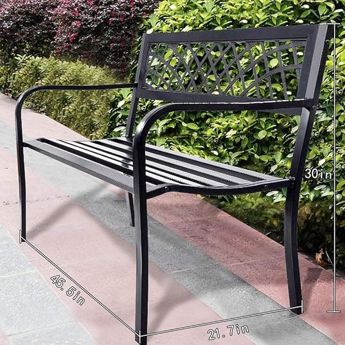 Garden Bench,Outdoor Benches,Iron Steel Frame Patio Bench with Mesh Pattern and Plastic Backrest Armrests for Lawn Yard Porch Work Entryway,Black-VerdiqueGarden