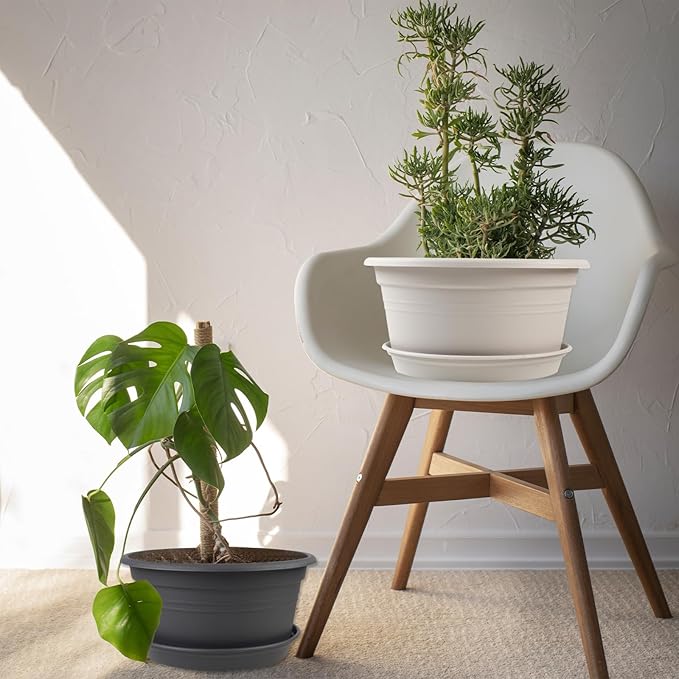 Large 4 Pack13 inch Plant Pots, Round Plastic Pots for Plants, Outdoor Planters with Drainage Hole & Tray Saucer, Decoration Large Flower Pots for Indoor Outdoor Garden Home Plants (White)-VerdiqueGarden