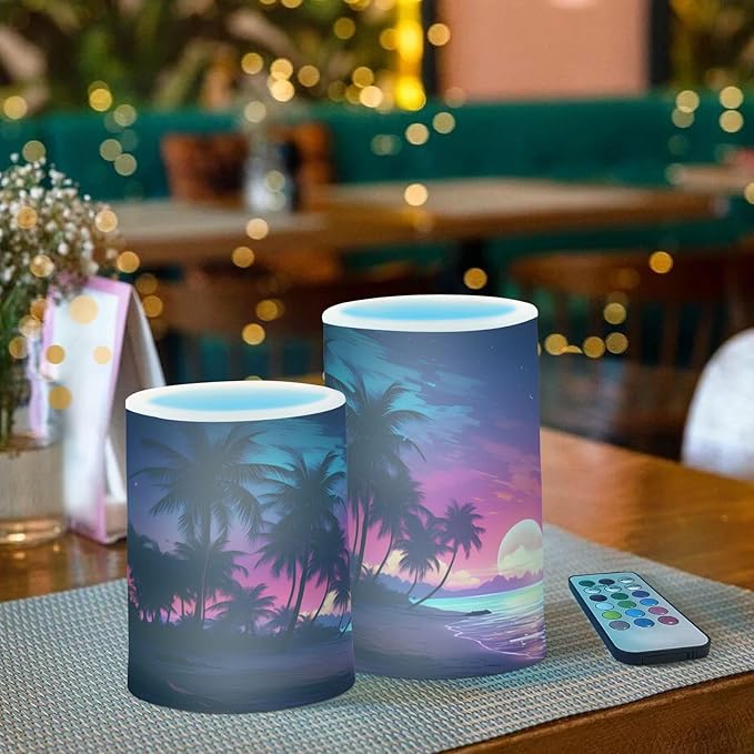Flickering Flameless Candles, Palm Tree Beach Tropical LED Candles with Remote Timer, Set of 2 Battery Operated Candle for Valentine Wedding Birthday-VerdiqueGarden