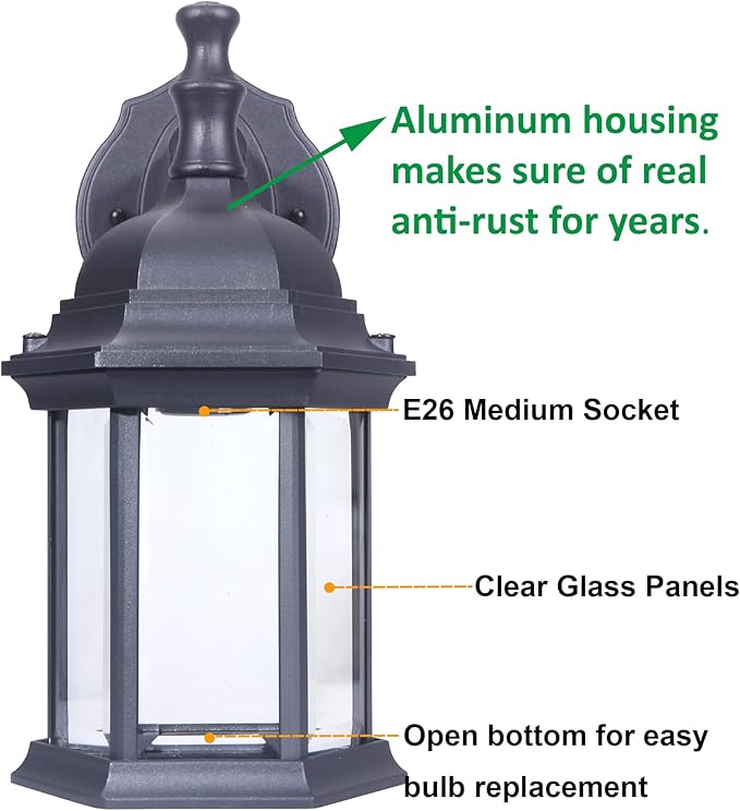 LIT-PaTH Outdoor Wall Lantern, Wall Sconce as Porch Lighting Fixture, E26 Medium Base Max 60W, Aluminum Housing Plus Glass, Matte Black Finish, 1-Pack-VerdiqueGarden