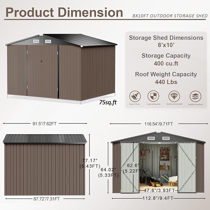 Aoxun 9.4x7.3x6.5 FT Outdoor Storage Shed, Garbage Can, Outdoor Metal Shed for Tool, Garden, Bike, Placed in Patio, Garden Brown Base Included-VerdiqueGarden