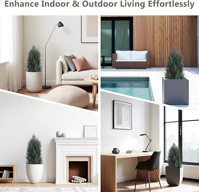 THE BLOOM TIMES 3ft Topiary Trees Artificial Outdoor 2 Pack – UV Resistant Faux Cedar Pine Cypress Bushes and Shrubs, Fake Potted Plants for Front Porch Outside Planter Patio Decor, Set of 2 (3 Foot)-VerdiqueGarden