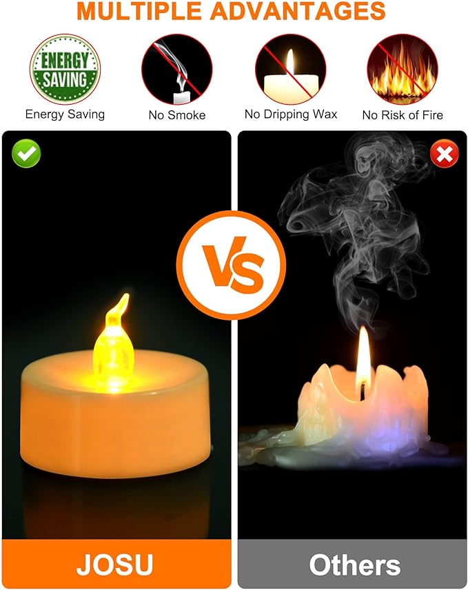 JOSU LED Tea Lights Candles [24 Pack] Flameless Candles, Realistic Battery Operated Candle, Flickering Bright Tealights with Warm Yellow Light for Party, Wedding, Valentine's Day-VerdiqueGarden