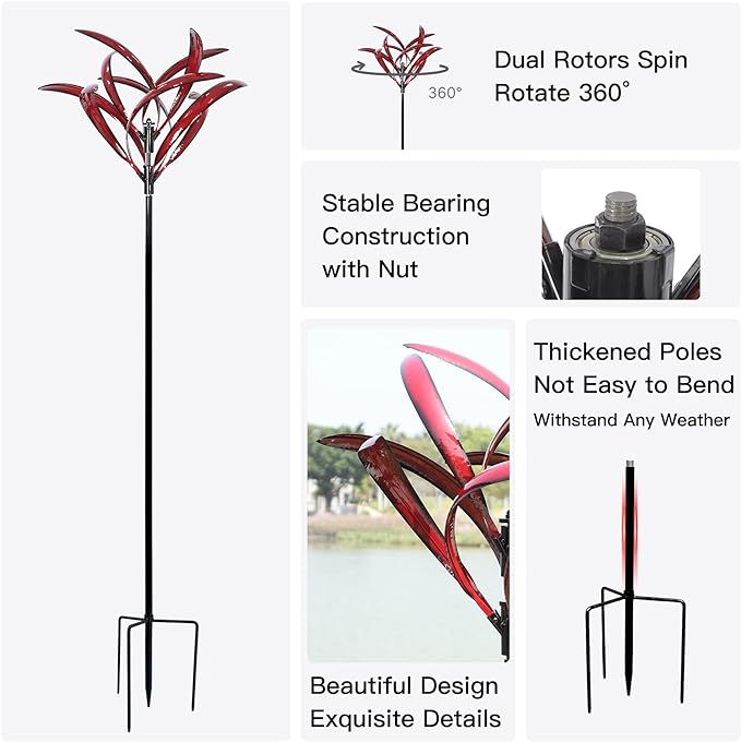 82 inch Wind Spinners Outdoor - Extra Large Metal Wind Sculptures & Spinner with Stake, Big Clearance Windmills for The Yard and Garden, Tall Yard Art Decor-Burgundy Red-VerdiqueGarden