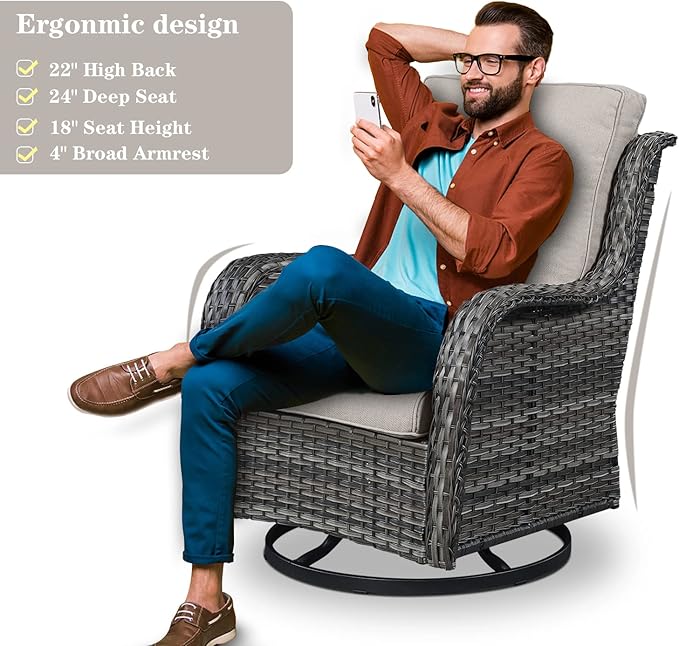 Outdoor Swivel Rcoker Patio Chairs - Outdoor Swivel Patio Chairs Set of 2 Wicker Chair Patio Furniture Sets with Covered Cushion for Porch Deck Balcony Garden, Beige-VerdiqueGarden