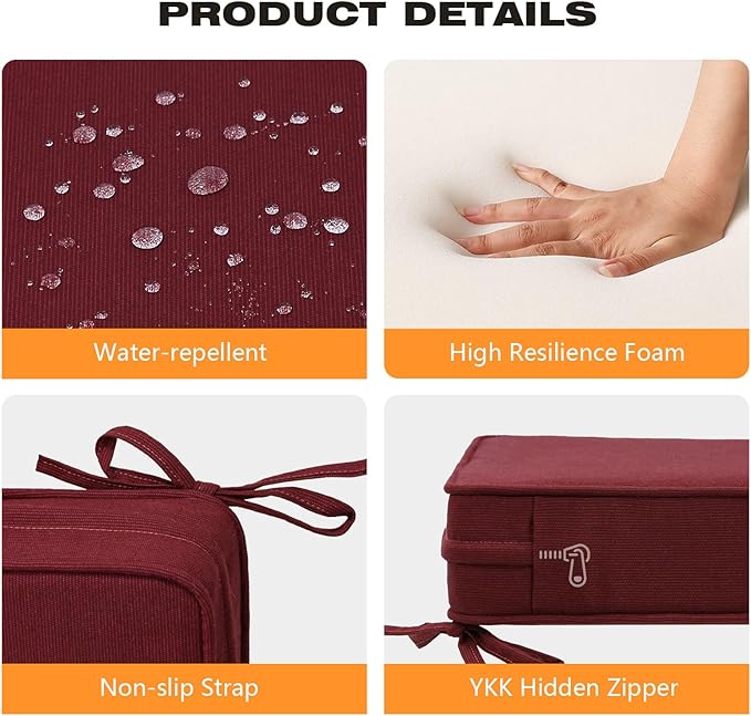 Sunbrella Square Corner Seat Cushions, 19" x 19" x 3", Set of 4, Indoor Outdoor Water Repellent Universal Chair Pads with Ties for Patio Furniture, Garden Dining Chairs, Spectrum Ruby-VerdiqueGarden