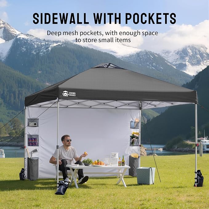 CROWN SHADES Canopy Tent 10x10 Pop Up Canopy Outdoor Shade with Pockets Sidewall, Easy Up Sun Shelter with One Person Set Up Center Lock, Portable Instant Camping Beach Canopies Tents, Grid Grey