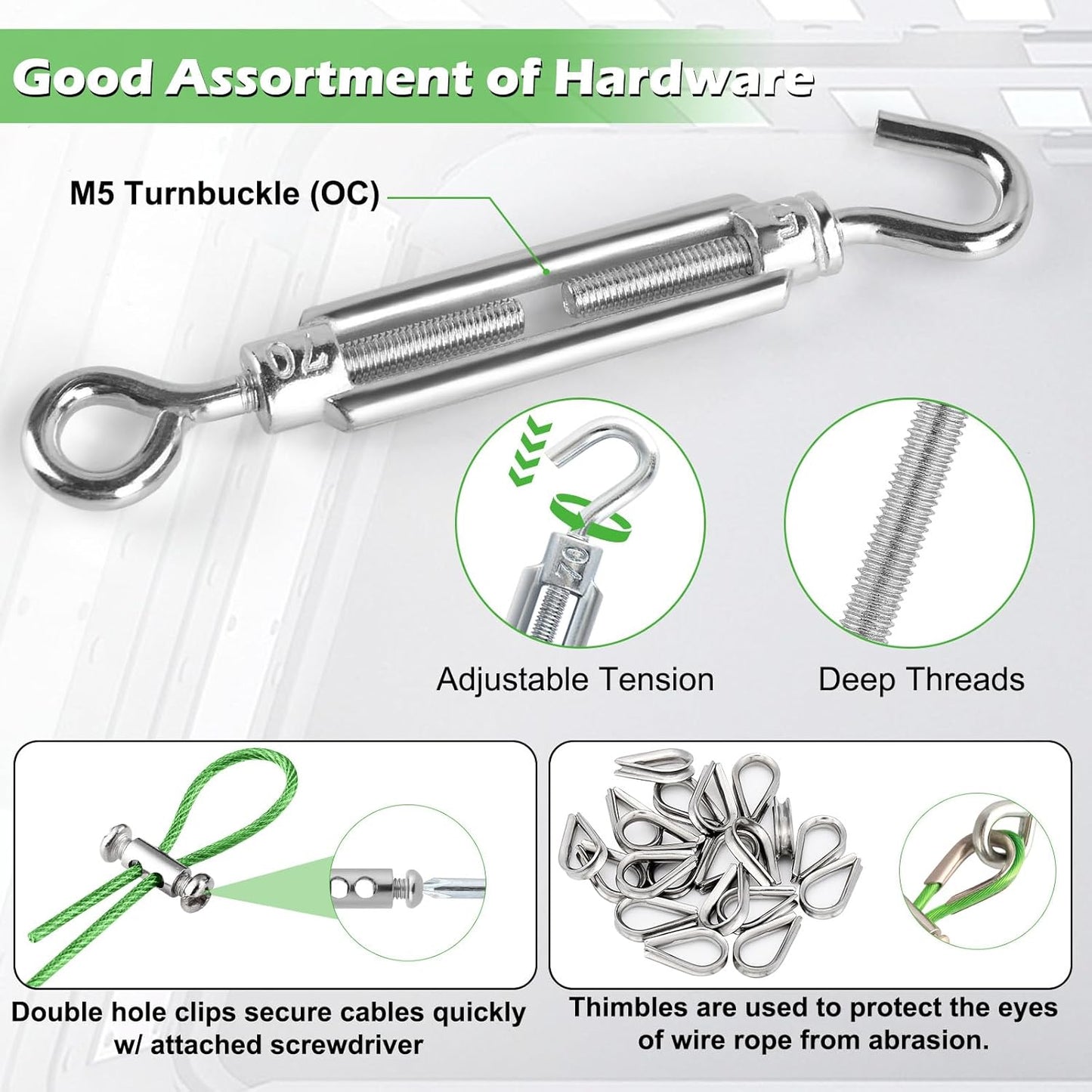 Turnbuckles for Cables Wire, 1/8" X 100Ft Green PVC Coated Wire Rope Kit, Multi-use Steel Cable for Grape Vines/Clothes Line Outdoors for T Post/String Light Hanging/Garden Cable-VerdiqueGarden