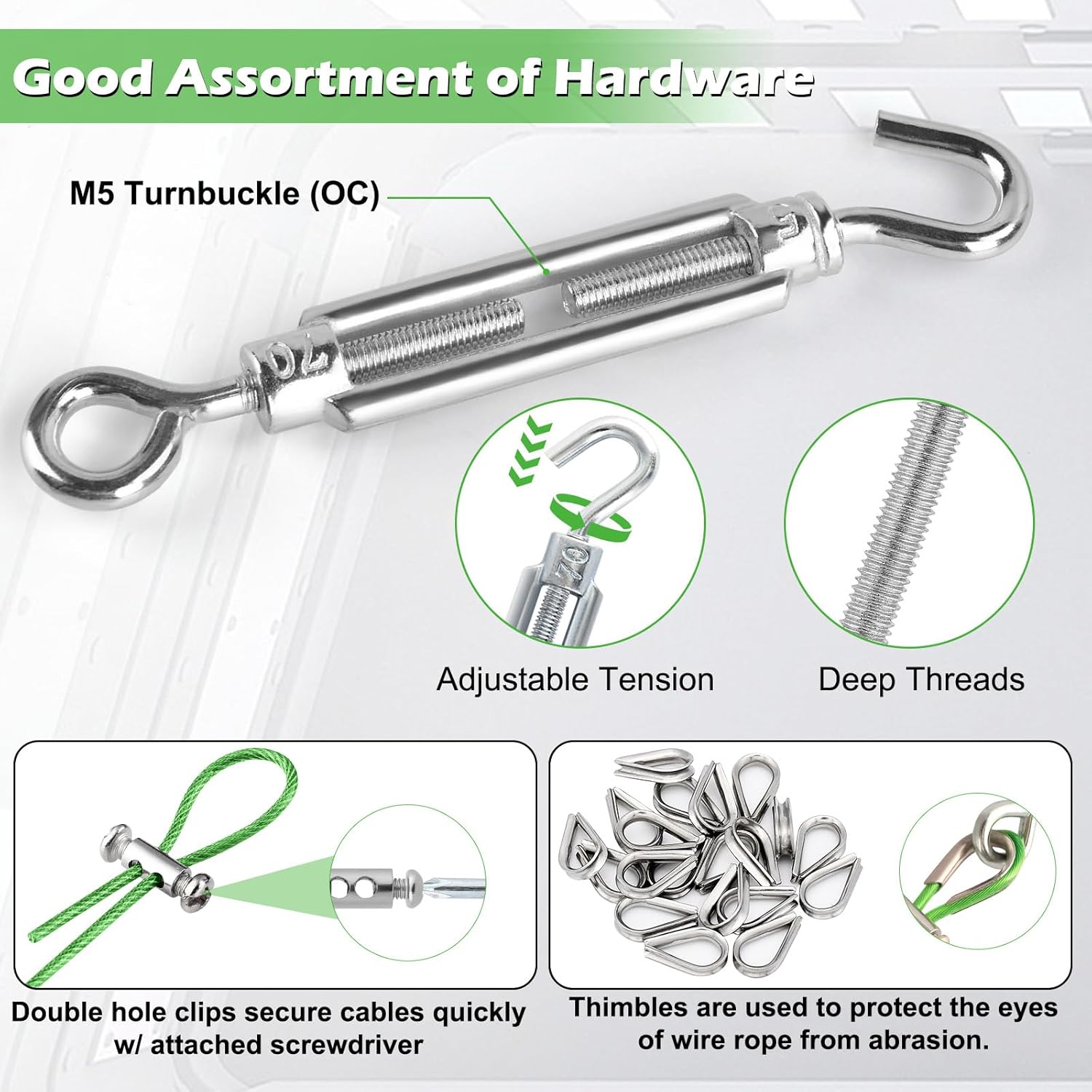 Turnbuckles for Cables Wire, 1/8" X 100Ft Green PVC Coated Wire Rope Kit, Multi-use Steel Cable for Grape Vines/Clothes Line Outdoors for T Post/String Light Hanging/Garden Cable-VerdiqueGarden