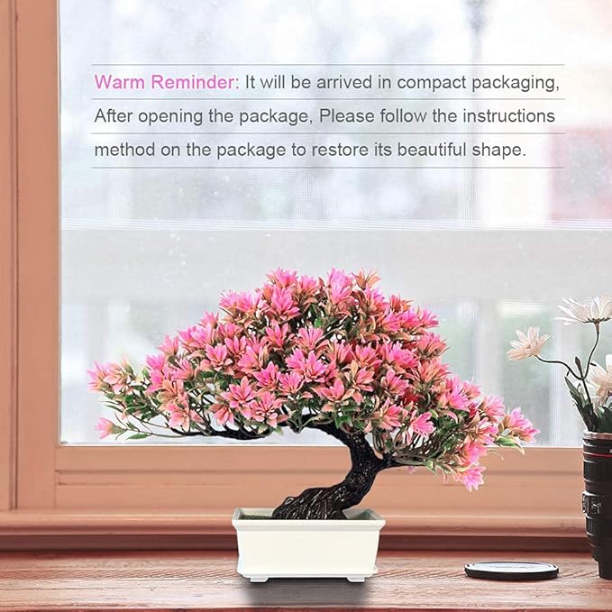 Fake Plants Plastic Artificial Bonsai Tree, Pink Room Decor Bonsai Tree for Home Bedroom Farmhouse Office Desk Decor, Tall 9.5"-VerdiqueGarden