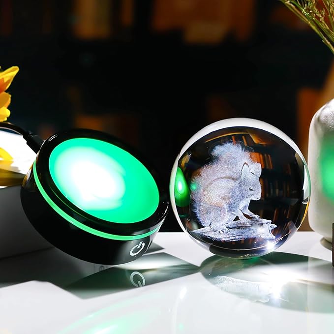 YWHL 3D Squirrel Figurine Crystal Ball with Colorful Light Base, Squirrel Gifts for Women Men on Christmas Birthday, 3D Laser Engraved Squirrel Ornament Glass Decorative Ball for Home Decor (80mm)-VerdiqueGarden