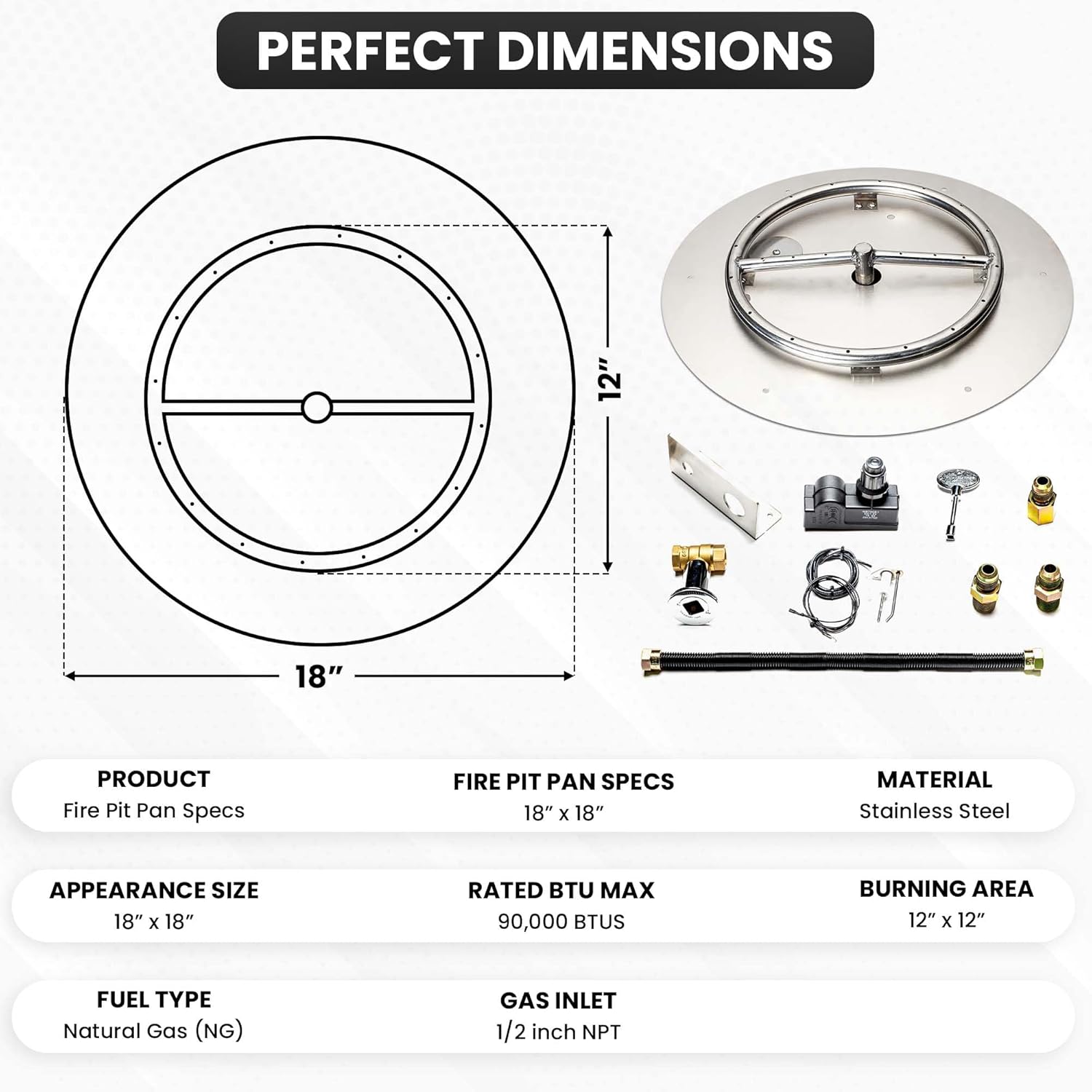Stainless Steel Fire Pit Burner Pan & Ring Standard Kit with Spark Ignition for Natural Gas, 18-Inch Pan, 12-Inch Ring, 90,000 BTU Max-VerdiqueGarden