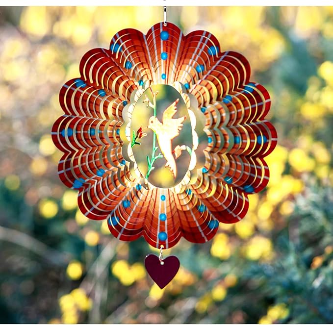 SteadyDoggie Wind Spinner - 12-Inch 3D Stainless Steel Lovebird Design with Heart Pendant - Laser Cut Metal Art Geometric Pattern - Hanging Kinetic Yard Garden Decor-VerdiqueGarden