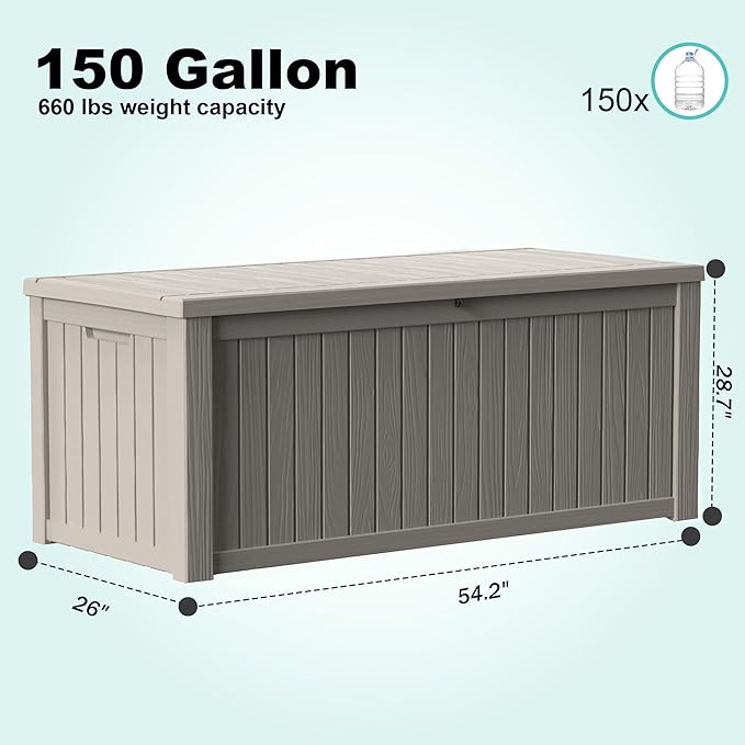 150Gal Outdoor Deck Box Waterproof, Lager Patio Storage Box Indoor and Outdoor Use, Lockable Resin Storage Bin for Patio Furniture Cushions Garden Tools, Package Delivery,UV Resistant-Grey-VerdiqueGarden
