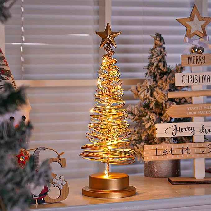 Christmas Tree Lamp, Spiral Christmas Tree with Glittering Star, AA Battery Operated Gold Christmas Tree Light with Metal Stand for Christmas Table Decoration（Batteries not Included）-VerdiqueGarden