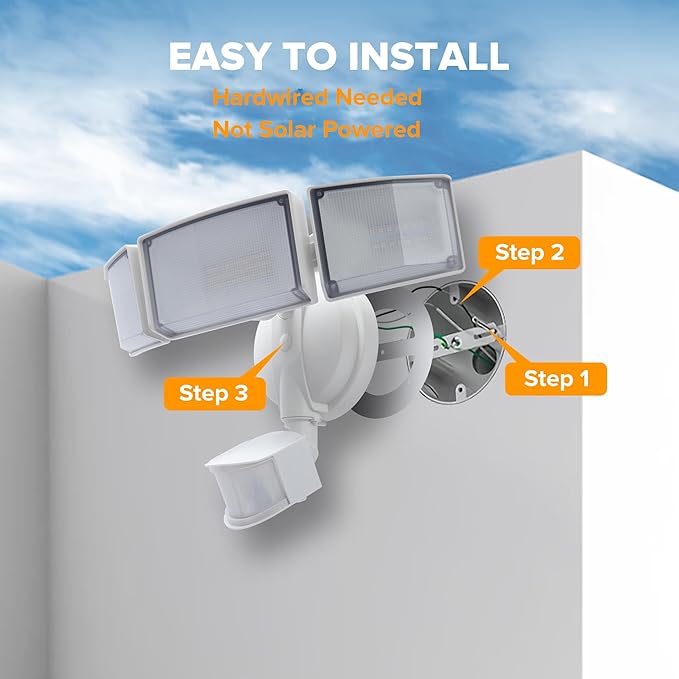 UME 49W 5500LM LED Security Lights Motion Sensor Light Outdoor, 5000K Daylight, IP65 Waterproof, Dusk to Dawn, 3 Head Motion Detected Flood Light for Garage, Yard, Porch(White)-VerdiqueGarden