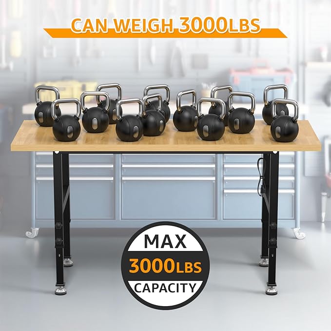 60" Adjustable Workbench,Heavy-Duty Work Table,3000 LBS Load Capacity Particleboard Hardwood Workstation Outlets with Power Strips and Fixed feet,for Workshop, Garage-VerdiqueGarden