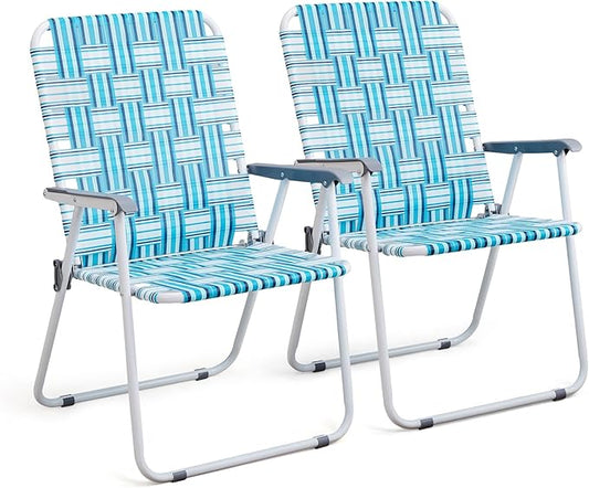 VINGLI Patio Lawn Webbed Folding Chairs Outdoor Beach Portable Camping Chair for Yard, Garden (2, White & Blue, Oversized)-VerdiqueGarden