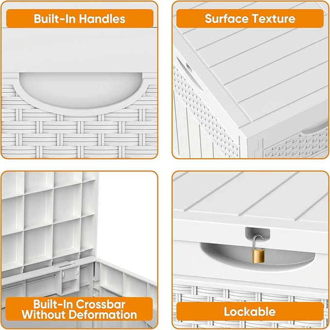 33 Gallon Resin Deck Box, Weatherproof Outdoor Storage Box for Patio, Garden and Yard, Lockable Waterproof Bin for Tools, Cushions, and Accessories, White-VerdiqueGarden