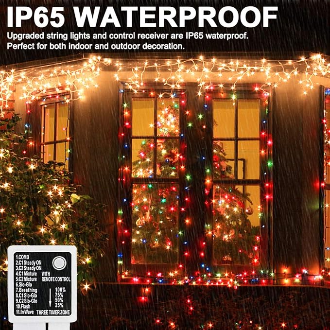 Decute 300LED Christmas Tree String Lights Outdoor Indoor 108FT Extendable, 11 Modes 4 Colors Changing Twinkle Fairy Lights with Timer Remote for Party Decor, Warm White & 3 Multicolors-VerdiqueGarden