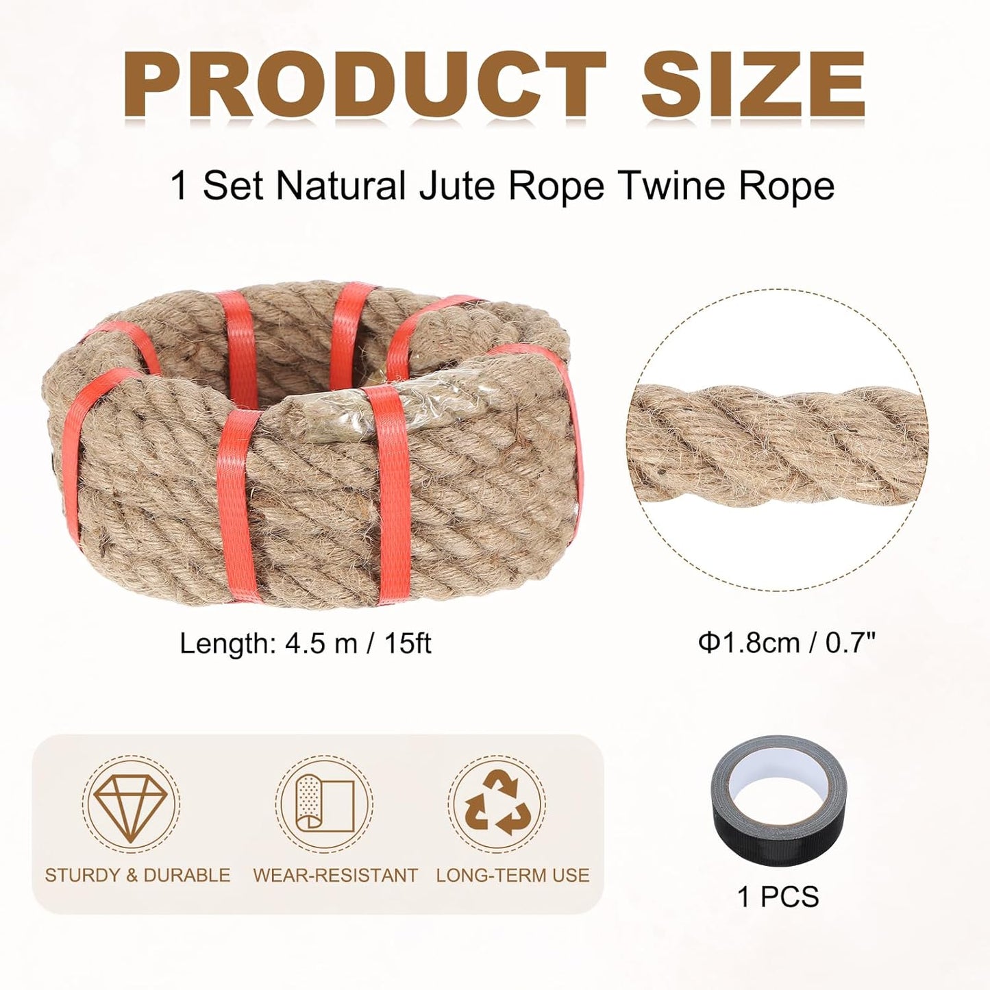 MECCANIXITY Jute Rope 0.7 Inch x 15ft, Thick Twine Rope Ropes Braided Jute Twine Natural Brown Burlap Cord String Heavy Twisted with Tape for Decorative Crafts Railing Swing Tug of War-VerdiqueGarden