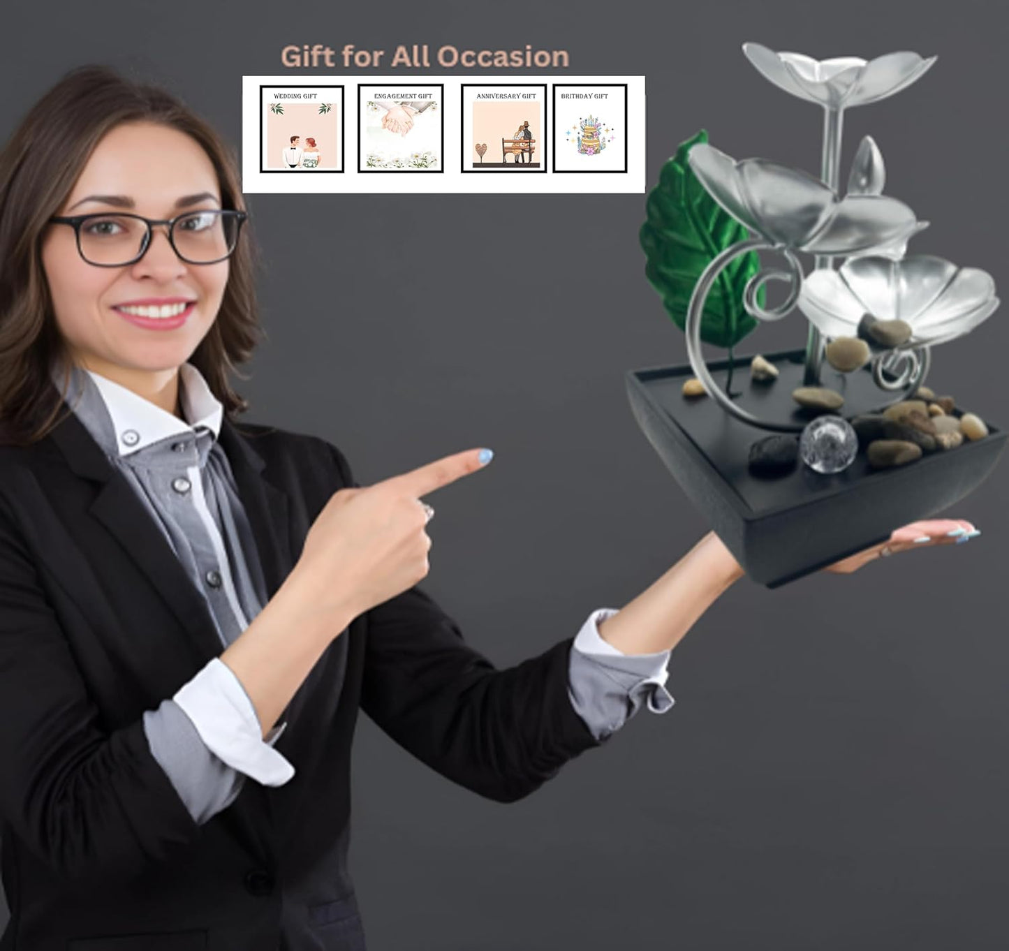 Tabletop Water Fountain with LED Light – Indoor Zen Décor with 3-Tier Design, Natural River Stones for Office, Home 8inch Tall-VerdiqueGarden