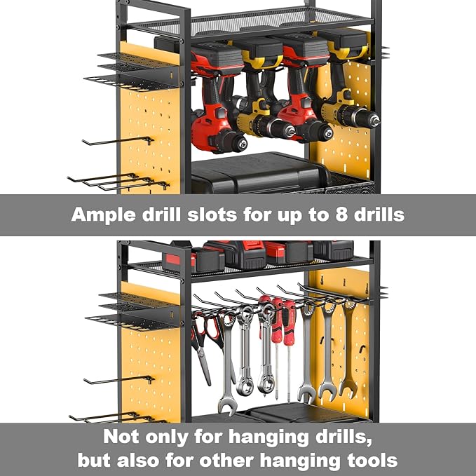 CCCEI Garage Power Tools Organizer Cart with Charging Station, Black Floor Standing Rolling Drill and Tools Battery Storage Cart on Wheels. Yellow Utility Rack Gift for Men, Husband, Father.-VerdiqueGarden