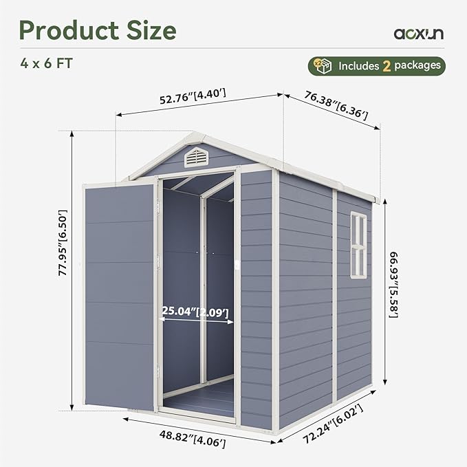 Aoxun 6.3 X 4.2 FT Resin Storage Shed Outdoor Plastic Large Garden Shed with Lockable Door, Floor for Backyard, Garden, Patio, Lawn, Grey (Grey, 6.3 x 4.4)-VerdiqueGarden