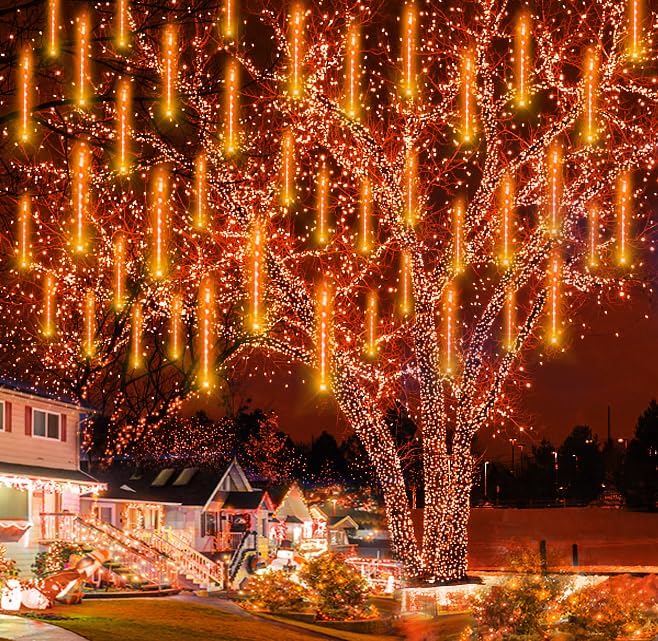 Halloween Decorations Outside, 16 Inch 256 LED Meteor Shower Orange Halloween Lights Outdoor for Yard Tree Windows Eaves, Falling Rain Lights for Christmas Halloween Thanksgiving Fall Decor, UL Plug-VerdiqueGarden