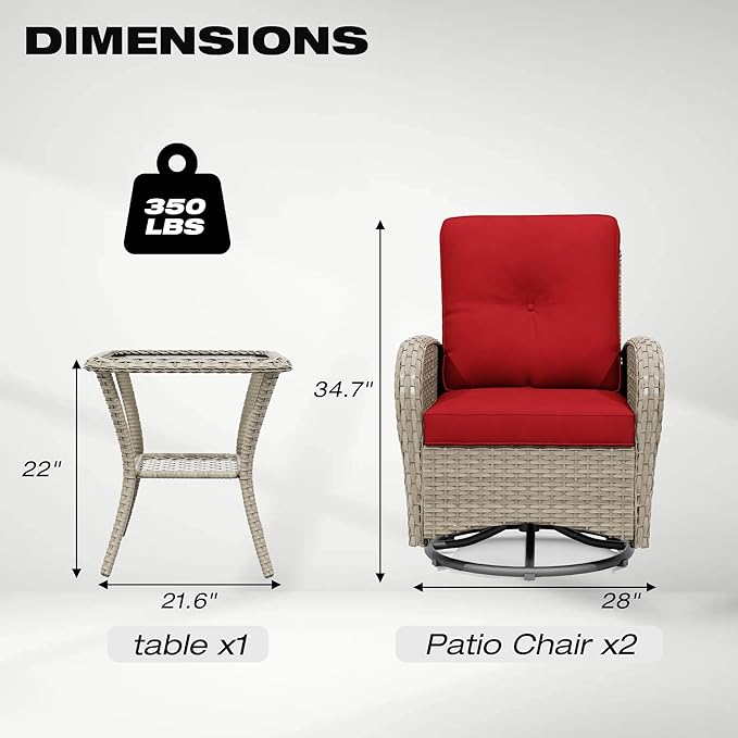 Joyside Outdoor Swivel Rocker Chairs, 3 Piece Wicker Patio Set with Thick Cushion and Side Table, Rattan Patio Swivel Rocking Chairs for Porch, Deck Use (Natural/Red, 3 PCS)-VerdiqueGarden