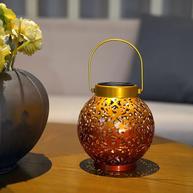 2 Pack Outdoor Solar Hanging Lantern Lights Metal LED Decorative Lamp for Garden Patio Courtyard Lawn and Table with Hollowed-Out Design (Sunset Blaze)-VerdiqueGarden