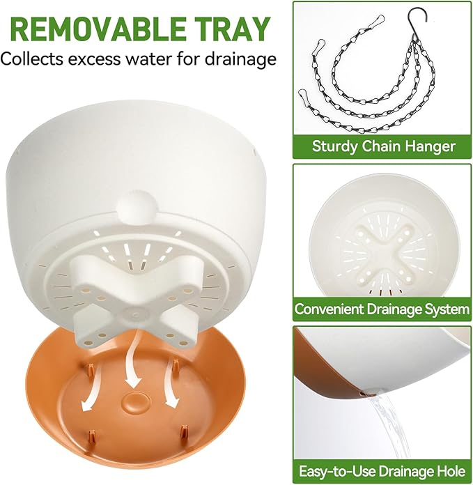 10 Inch Hanging Planters for Indoor & Outdoor Use (2 Pack) - Self-Watering & Drainage Flower Pots with Chain & Macrame Hangers (White, 10 in)-VerdiqueGarden