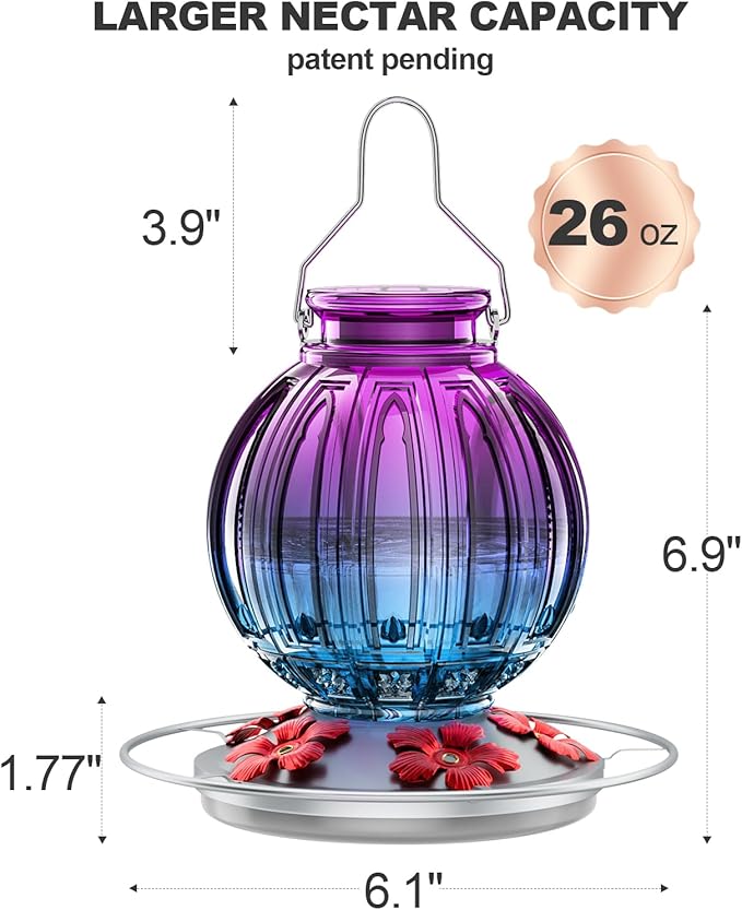 Glass Hummingbird Feeder for Outdoors Hanging, 26Oz Bird Nectar Feeder with Perch & 5 Flower Feeding Ports, Leak Proof for Outside Garden Decor Backyard, Gifts for Women Mom, Purple Blue-VerdiqueGarden