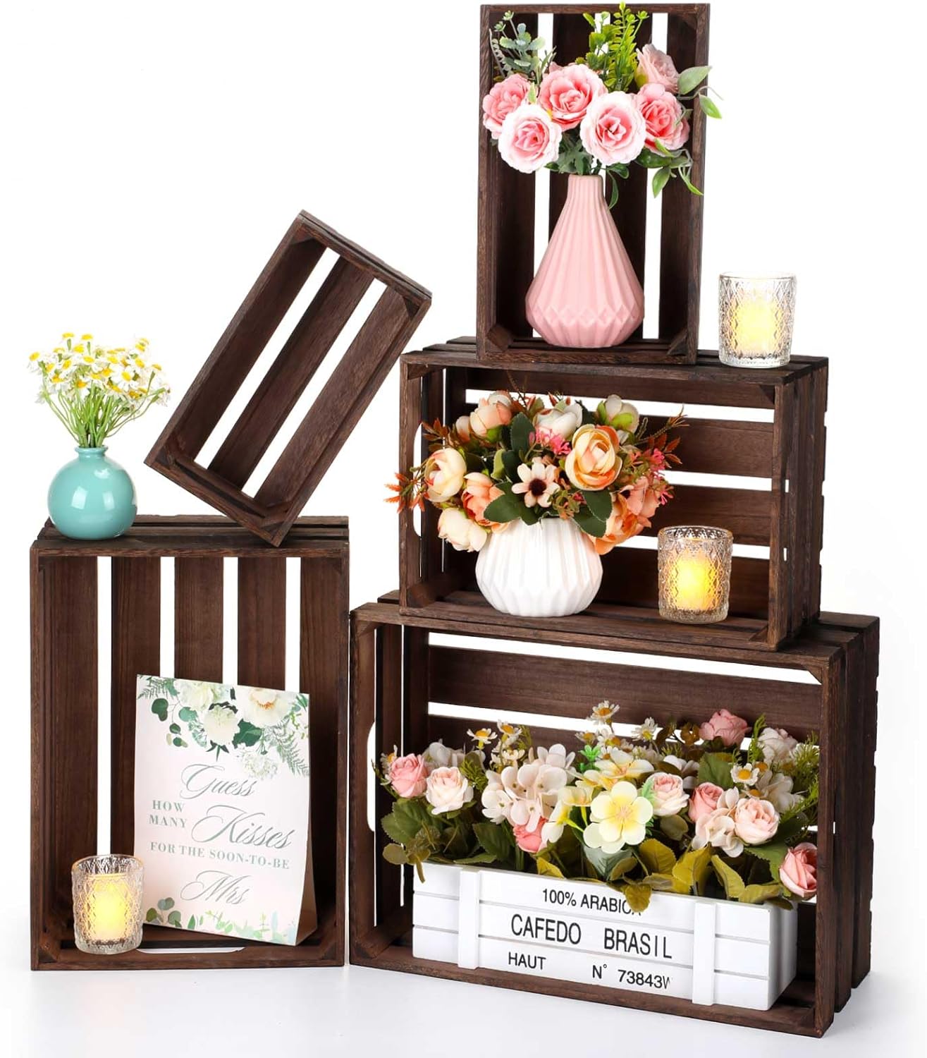 Soaoo 5 Pcs Decorative Nesting Wooden Crates for Storage Display 5 Size Large Small Rustic Wood Decorative Storage Crates with Handle Farmhouse Crate Box Container Made from Pine(Vintage Black)-VerdiqueGarden