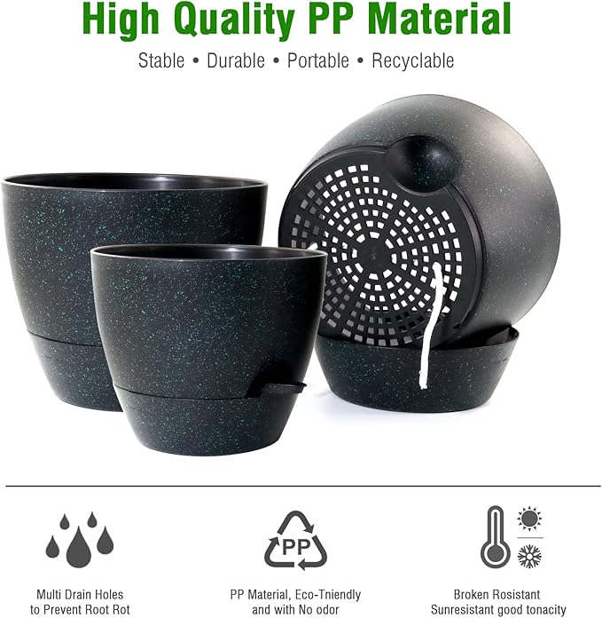10/9/8 inch Self Watering Pots, Set of 3 Plastic Planters with Mesh Drainage Holes and Deep Reservoir for Indoor Outdoor Garden Plants and Flowers, Black with Green Speckles-VerdiqueGarden