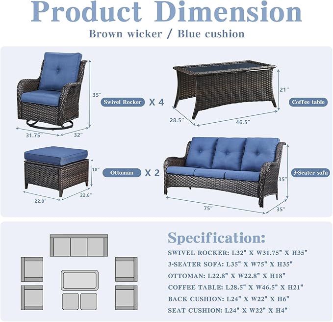 Wicker Patio Furniture Sets - 8 Piece Outdoor Rattan Furniture Conversation Sets with 4 Swivel Rocker Chairs, Rattan Sofa, Wicker Ottomans and Coffee Table, Brown/Blue-VerdiqueGarden