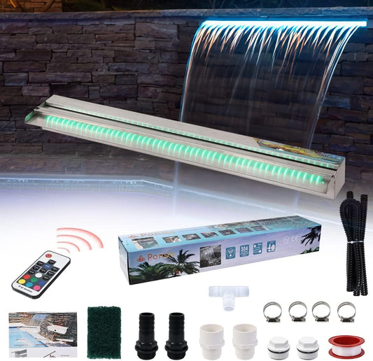 36" Water Pool Fountain 304 Stainless Steel Lighted Pool Waterfall Spillway with Wider Water Flow Platform, Multi-Color LED Strip Light with Remote Control for Indoor, Garden, Outdoor Decoration-VerdiqueGarden