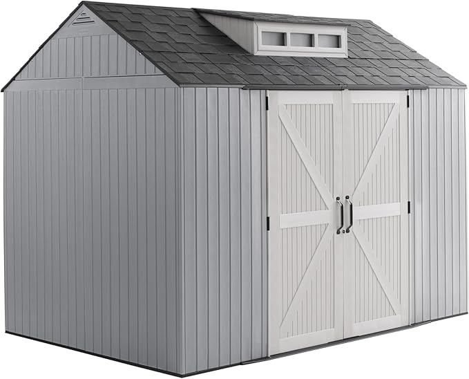 Rubbermaid Extra Large Resin Outdoor Storage Shed With Floor (7 x 10 Ft.), Weather Resistant, Brown, Organization for Home/Lawn Mower/Backyard Equipment/Bike Storage/Pool Supplies-VerdiqueGarden