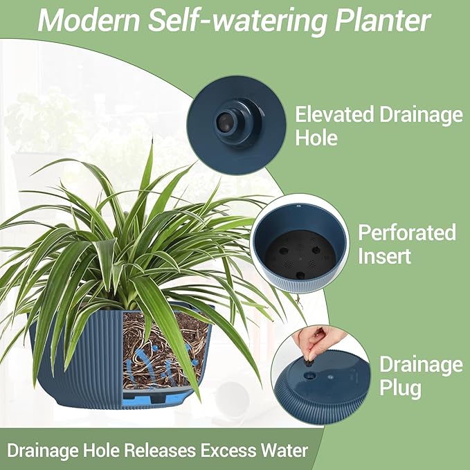 T4U 12 Inch Large Hanging Planters for Outdoor Plants, 2 Pack Self Watering Hanging Pots Indoor, Hanging Baskets for Plants,Hanging Flower Pot with Drainage Hole and Plant Hanger, Blue-VerdiqueGarden