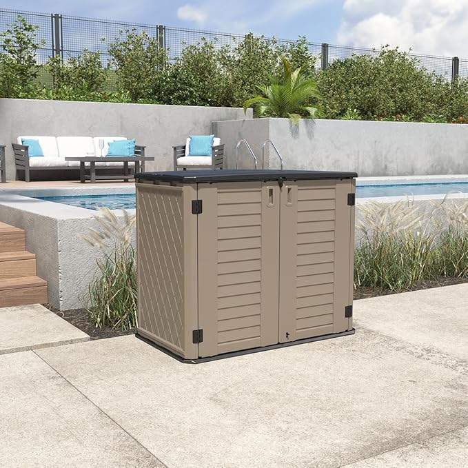 KINYING Outdoor Storage Shed - Horizontal Storage Cabinet Waterproof for Garden, Patio, Backyard, Storage Box for Easy Storage of Garbage Cans, Tools, Lawn Mower, 35 Cubic Feet,Dark Brown-VerdiqueGarden