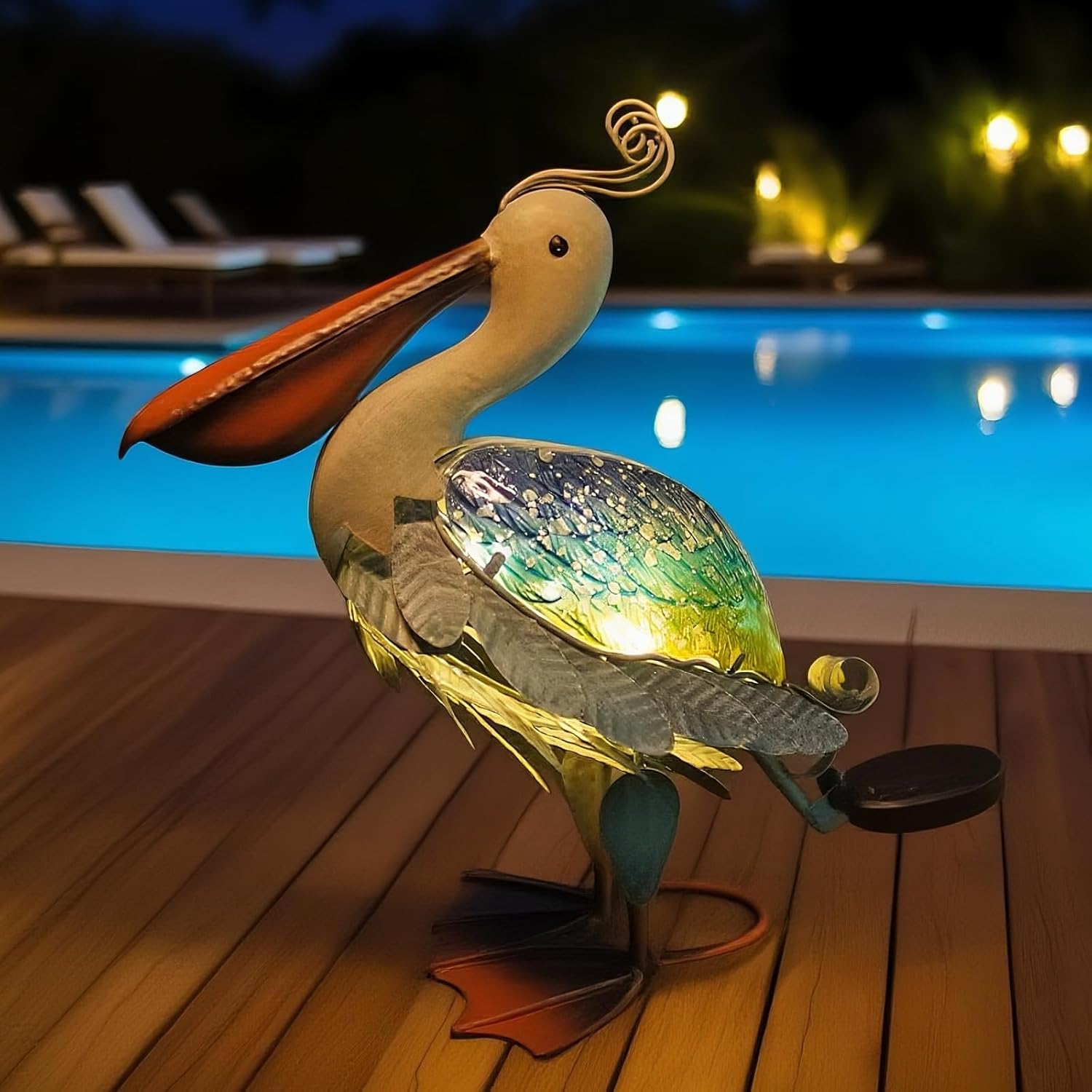 HONGLAND Solar Metal Pelican Statues Garden Sculpture & Statues, 17 Inch Glass Outdoor Pelican Yard Art Coastal Ocean Bird Decor Lawn Ornament for Backyard Porch Patio Decor（Blue-Green）-VerdiqueGarden