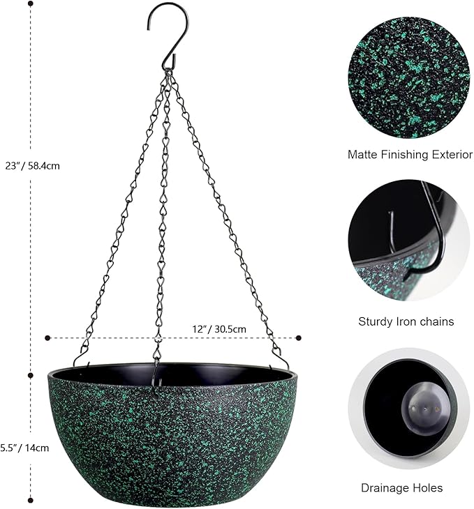 12 inch Large Hanging Planters for Indoor Outdoor Plants, 2 Pack Hanging Flower Pots with Drainage Holes and Chain, Plastic Hanging Baskets for House Plants, Black with Green Speckles-VerdiqueGarden