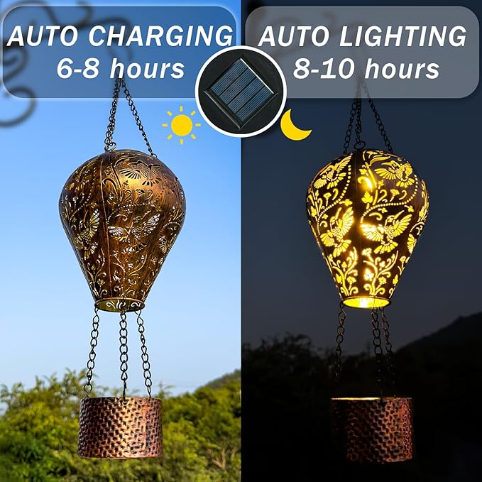 Hummingbird Decor Hot Air Balloon Solar Lantern – Outdoor Decorative Hanging Light for Garden Yard Patio Porch Lawn and Pathway – Unique Housewarming, Birthday Gift for Women Mom Grandma-VerdiqueGarden