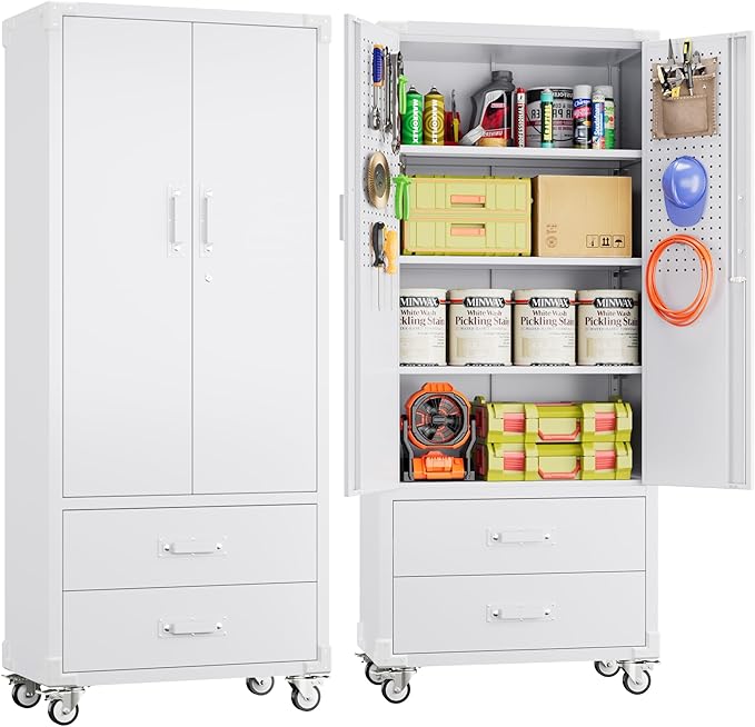 Upgraded Metal Garage Storage Cabinet with Wheels and 2 Drawers, Rolling Tool Cabinet with 3 Shelves and Pegboard Behind The Door for Home Office Garage,Assembly Required,White-VerdiqueGarden